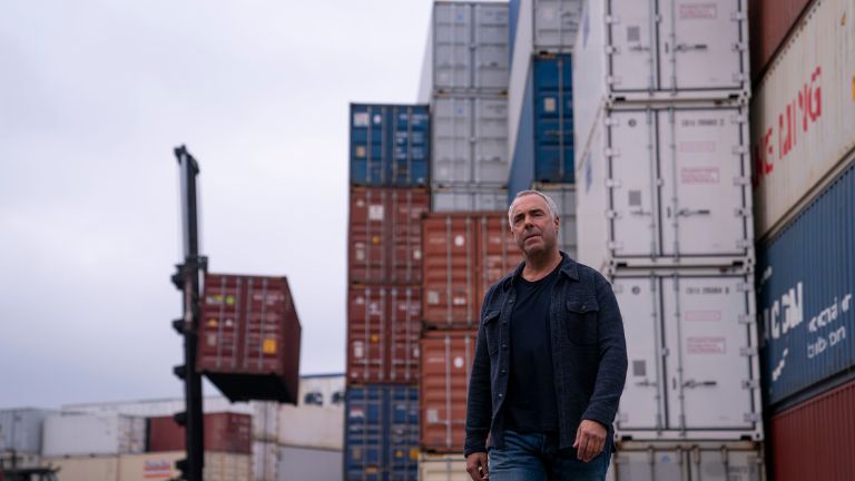 A middle aged man, Titus Welliver, in a shipping yard